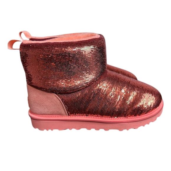 UGG Women's Classic Mini Mirror Ball Boots Pink Sequin Ankle Booties Size 8 - Picture 1 of 10